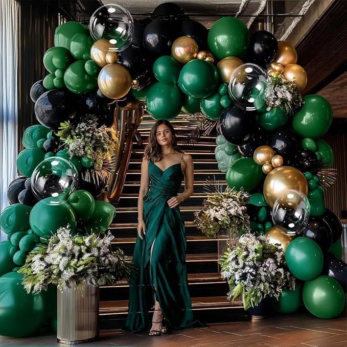 Black Green Gold Balloon Arch Kit, Double Stuffed Dark Emerald Green Black Gold Balloon Garland for Birthday Baby Shower Wedding Bridal Shower Wild One Graduation Bachelorette Jungle Party Decor