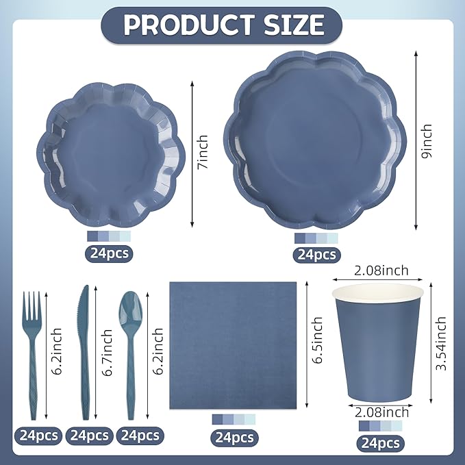 168 Pcs Dusty Blue Paper Plates and Napkins 24 Guests Gradient Scalloped Disposable Tableware Party Supplies Set for Baby Shower Wedding Birthday Garden Tea Party (Dusty Blue)