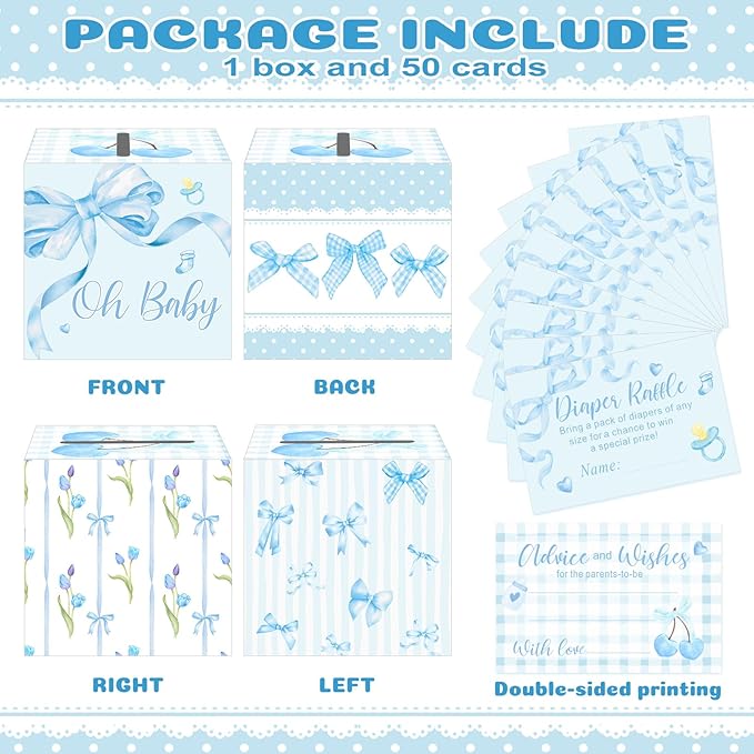 Funrous 51 Diaper Raffle Tickets with Box for Baby Shower Game Invitations Diaper Raffle Card for Gender Reveal Baby Shower Party Decoration Table Centerpiece(Blue Color)