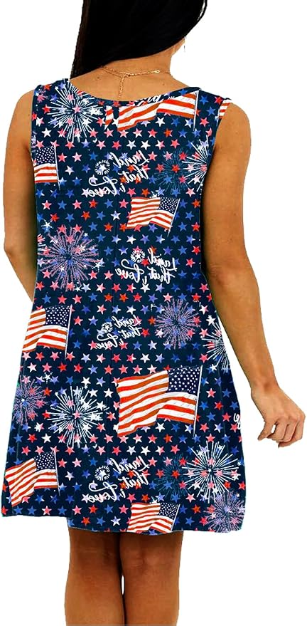Deerose Women 4th of July Sleeeveless Dress Patriotic V Neck Tank Dresses with Pockets