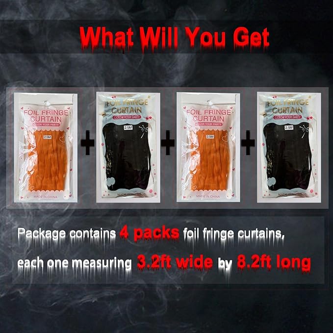 Foil Fringe Curtains - 4 Pack of 3.2x8.2ft Orange Black Foil Fringe Curtains for Birthday Halloween Photo Backdrop Party Decorations, Orange and Black Party Streamers for Photo Booth Props