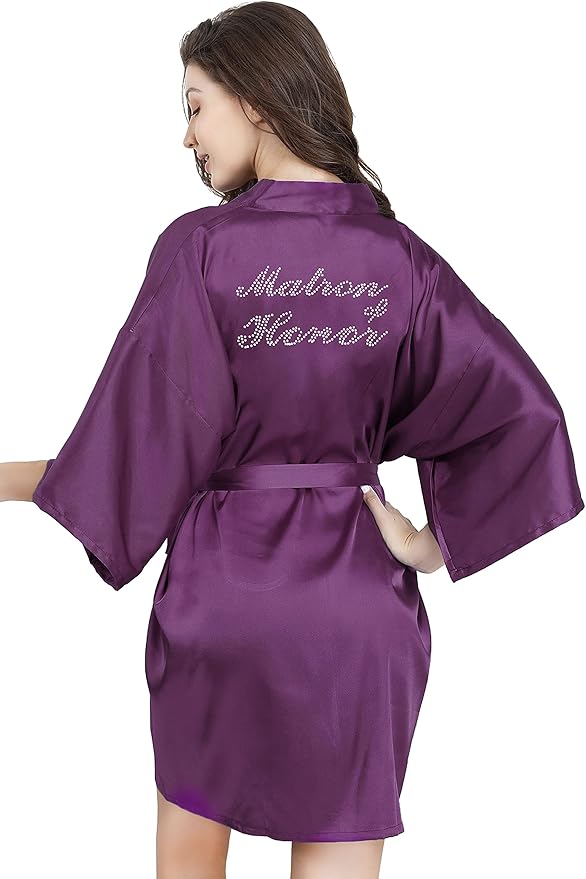 EPLAZA Women's One Size Silver Rhinestones Bride Bridesmaid Short Satin Robes for Wedding Party Getting Ready