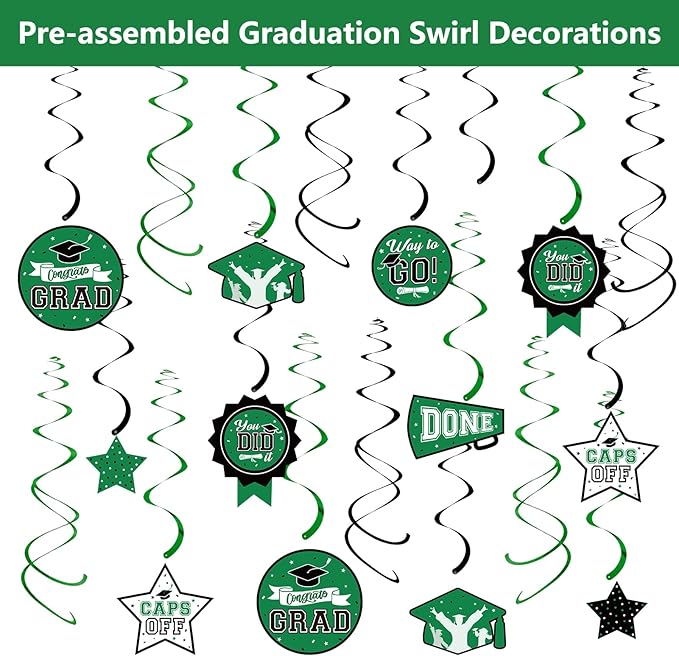 DAZONGE 2026 Graduation Decorations Green, 265pcs Graduation Party Decorations for 50 Guests, Disposable Class of 2026 Decorations Tableware Set, Plates, Napkins, Cups, Tablecloth, Hanging Swirls