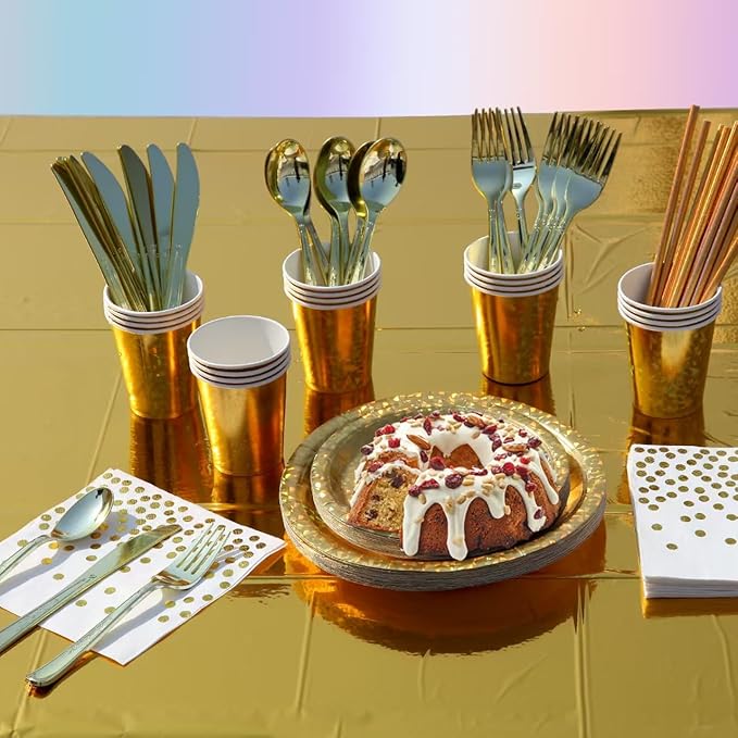 201-piece disposable party tableware set with paper plates, cups, napkins, straws, tablecloths, plastic knives, forks and spoons for a variety of party occasions for up to 25 people (Golden Glass)