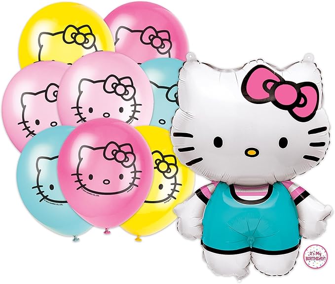 Hello Kitty Balloons | Set of 9 | Large 25" Hello Kitty Balloon (1) and 12" Balloons (8) | Sticker | Hello Kitty Birthday Decorations and Party Supplies | Officially Licensed