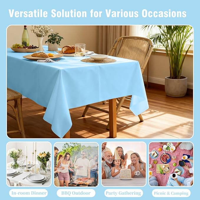 Light Blue Tablecloth - 3 Pack 54" × 108" Rectangle Disposable Light Blue Plastic Table Cloth, Waterproof Table Cover for Party, Holiday & Gathering Use