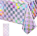 1Pack Iridescent Checkered and Purple Plastic Tablecloths Shiny Disposable Laser Rectangle Table Covers Holographic Foil Tablecloth Iridescent Party Decorations Birthday Bridal Baby Shower, 54x108Inch