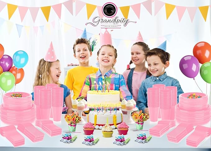 Grandipity 720 Piece Disposable Dinnerware Set, Plastic Dinnerware Set Includes 120 Count 9' Dinner Plates, 7' Dessert Plates, 12oz Cups, Forks, Knives & Spoons - Pink