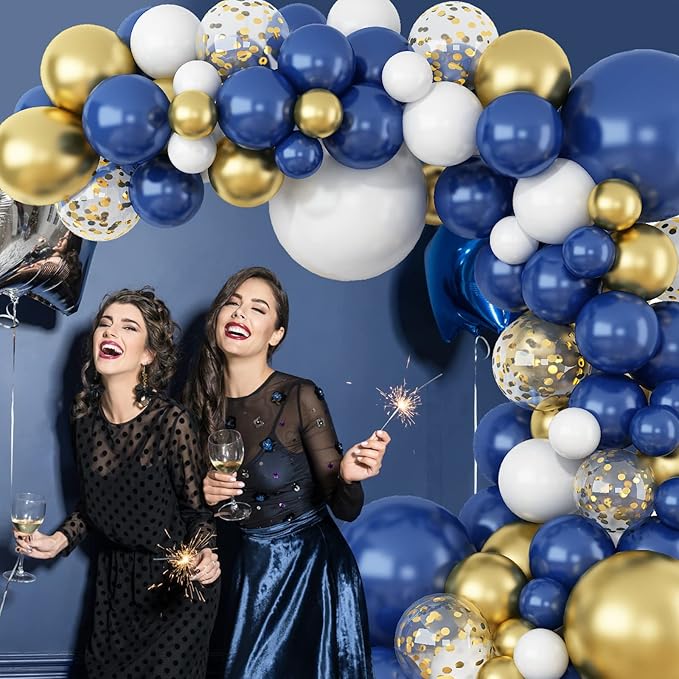145PCS Navy Blue Gold and White Balloons Garland Arch Kit, 18 12 10 5 inch Navy Blue, White, Metallic Gold and Confetti Balloons Garland, Matte Balloons for Baby Shower, Birthday, Graduation, Wedding