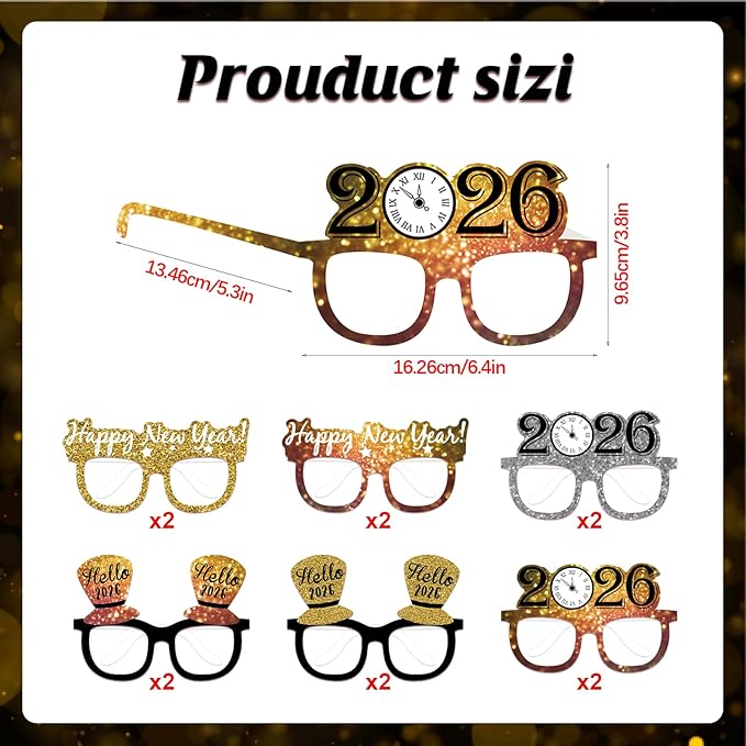 12PCS New Year Glasses, Funny New Years Eve Party Paper Glasses Photo Booth Props 2026 Eyeglasses Frames for NYE Party Supplies Decorations 2026