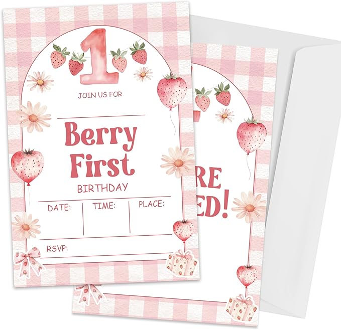 1st Birthday Invitations, Berry First Invites for Girls Boys, 20 Pcs Double-Sided Fill In Invitations with Envelopes, Birthday Party Favor & Supplies 6 x 4 Inch