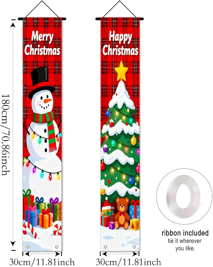 Nuxovilar Winter Merry Happy Christmas Snowman Tree Decor Polyester Banner 12x70.86 Inches Christmas Door Banner, Lively Decor for Bedroom, Balcony, Holiday Celebrations