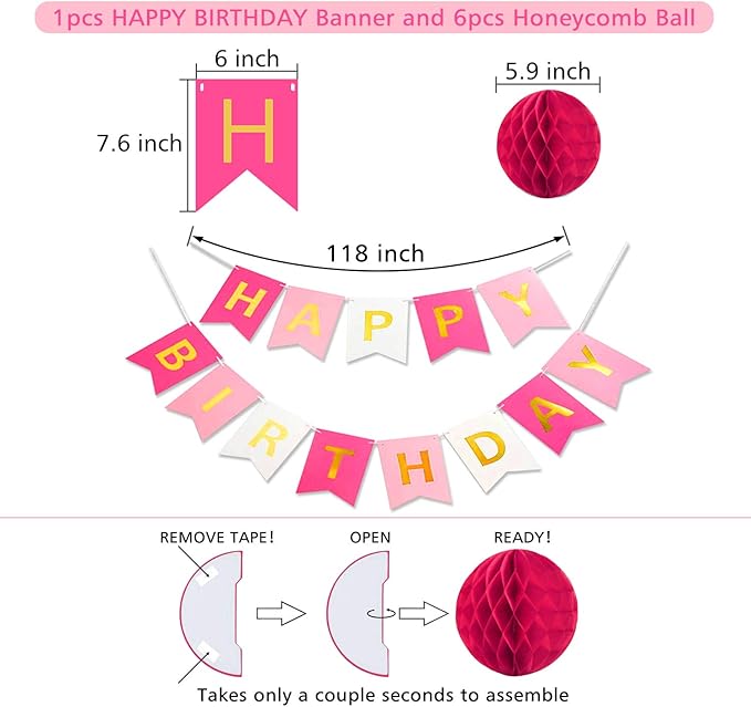 Pink Birthday Decorations with Happy Birthday Banner, Paper Honeycomb Balls, Circle Garland and Hanging Swirl Decorations