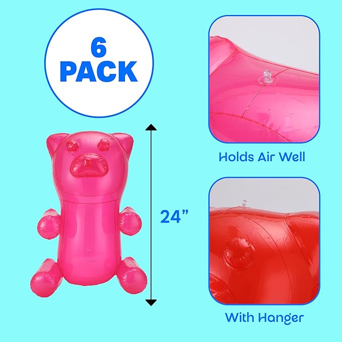 4E's Novelty Inflatable Gummy Bears Huge 24" - Pack of 6 Unique Blow Up Pool Toys for Kids, Candyland Themed Birthday Party Decorations Supplies