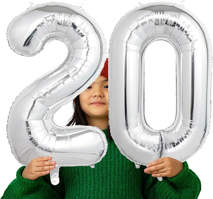 Number Balloons Silver Party Balloon - Giant Number 20 Balloon, 40 Inch Large Balloon for 20th Birthday Decorations, Silver Party Supplies for Anniversary