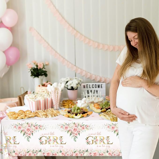Avezano 6 pcs Girl Baby Shower Tablecloth 108x54 inch Pink Floral Baby Shower Party Tablecovers Disposable A Sweet Little Girl is on Her Way Table Cloth Plastic