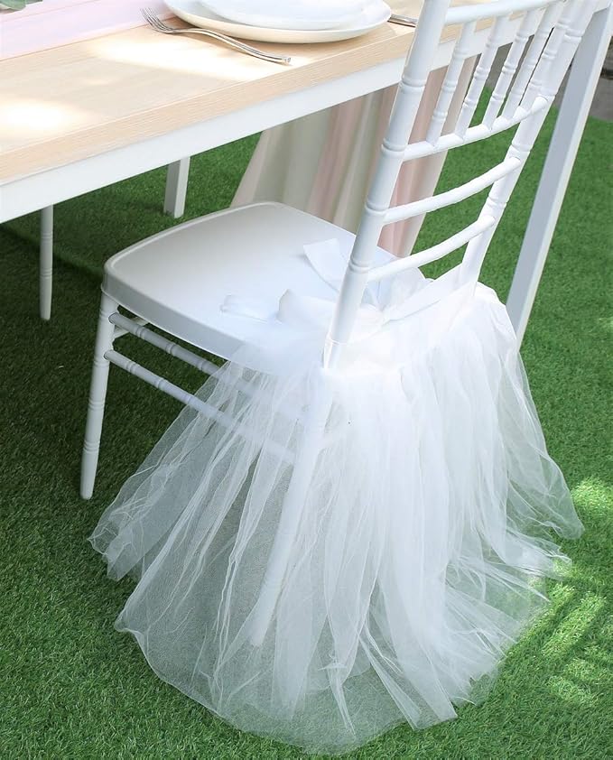 UNIQOOO Chair Tulle Tutu Decoration for Bridal Shower | Birthday Party, Veil Fluffy Look in White Color - Great for Wedding, Baby Shower – Party Accessory Supplies, 20” x 20” - Fit Standard Chair