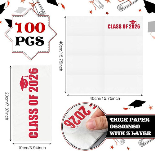 100 Set Graduation Class of 2026 Guest Red and White Napkins Black Rolled Silverware Disposable Grad Award Dinner Napkin with Ribbon and Scissors for Celebration