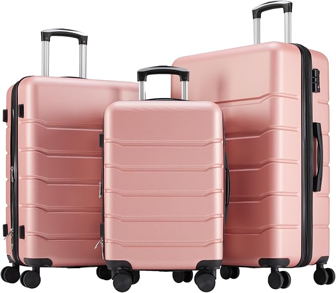 Sweetcrispy Carry on Suitcase, Luggage with Spinner Wheels, Hard Shell ABS, TSA Lock, Pink, 3-PCS Set (20/24/28 inch)