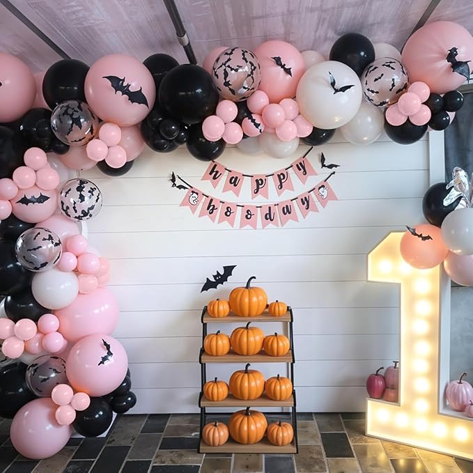 Halloween Balloon Arch Garland Kit, Black and Pink Balloons Ghost Foil Bat Balloons for Family,Halloween Party Background Classroom Decorations Cosplay Theme Party