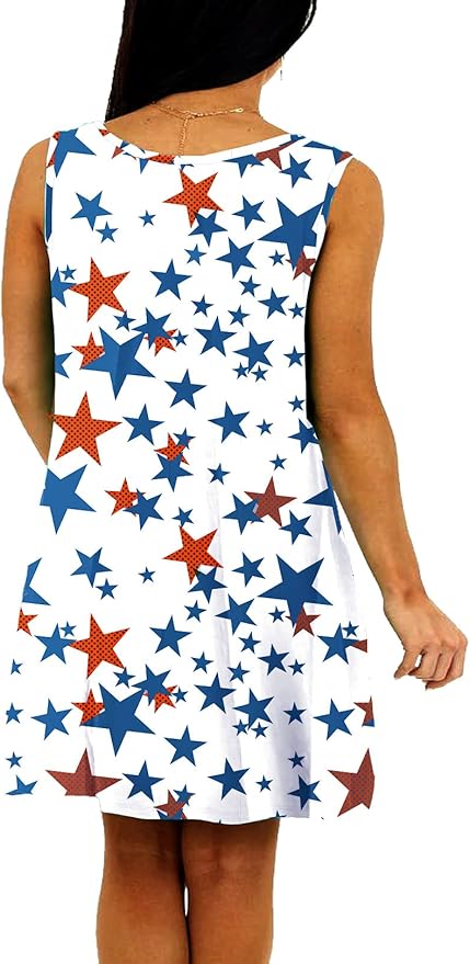 Deerose Women 4th of July Sleeeveless Dress Patriotic V Neck Tank Dresses with Pockets