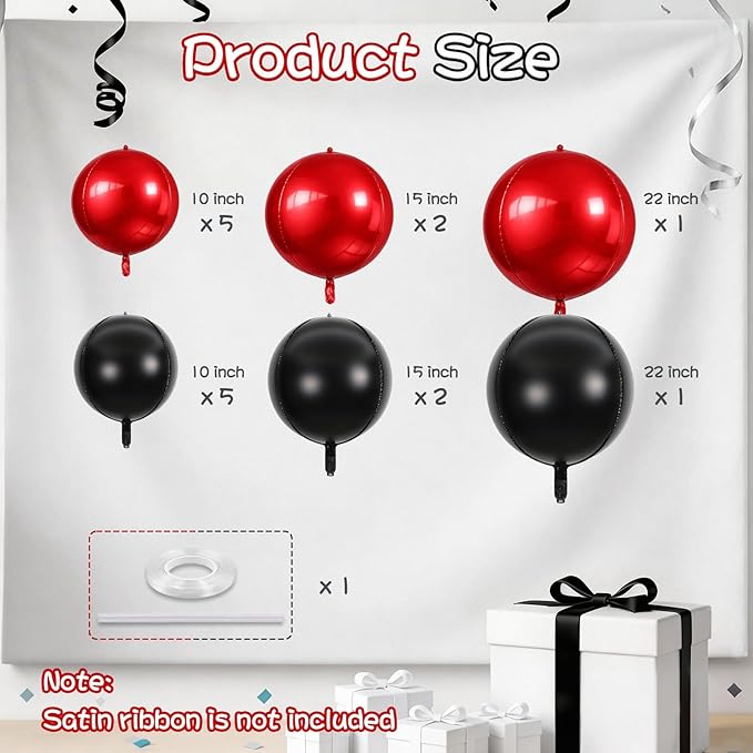 Togvu Black Red Round Foil Balloons, 16PCS Different Sizes 4D Metallic Balloon Large Sphere Mirror Ball Balloons for Prom Graduation New Year Halloween Birthday Party Ceiling Decorations Supplies