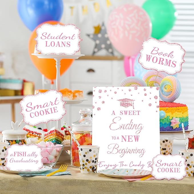Graduation Candy Buffet Labels for Grad Party Decorations, Graduation Candy Bar Dessert Food Label Signs Set, Class of 2026 Grad Parties Table Decor Supplies (Pink)