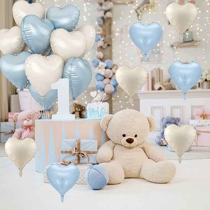 Blue White Heart Balloons, 18 Inch Baby Blue Cream Foil Heart Balloons, 10PCS Light Blue Nude Heart Shape Balloons Blue Helium Balloons for Boys Men Birthday Baby Shower Valentines Graduation