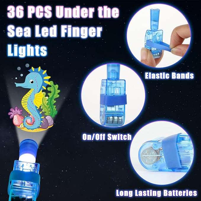 36 PCS Under the Sea Party Favors Ocean Birthday LED Light Up Finger Lights Glow in the Dark Sea Animal Party Finger Flashlights Bulk for Goodie Treat Bags Stuffers Tropic Fish Beach Party Supplies