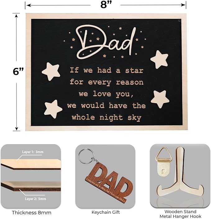 Personalized Star Dad and Kids Framed Sign Father's Day DIY Wooden Engraved Plaque Gifts From Daughter, Son,Wife DIY Family Names Gift for Papa Grandpa FR118-DAD