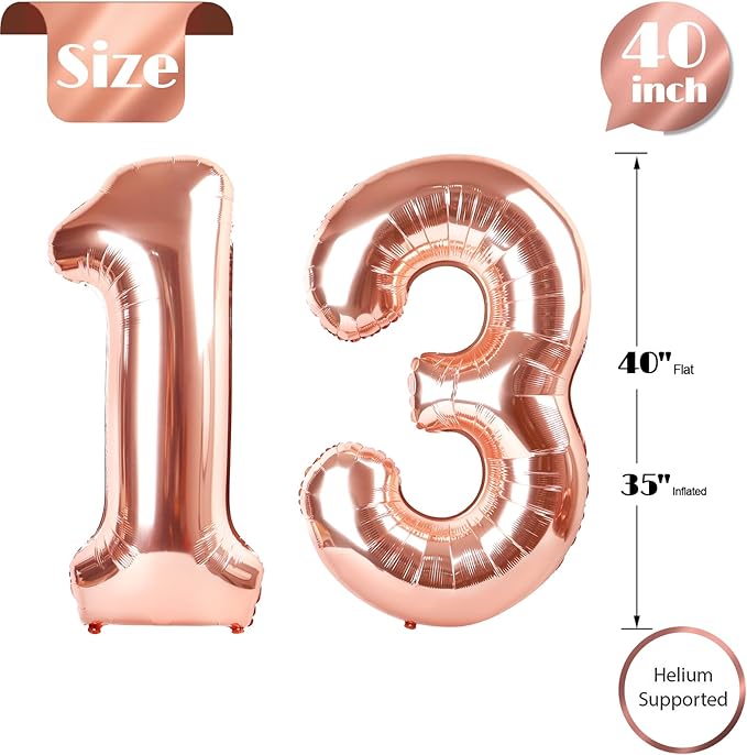 13 Balloon Number, Rose Gold Number 13th 31th Birthday Balloons 40 Inch, 13 or 31 Years Old Rose Gold Birthday Decorations for Boys Girls, 13th Anniversary Decorations