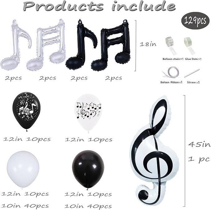 129pcs Music Balloons/Music Theme Party Decoration/Black and White Music Note Latex Balloon/Band Banquet Decorations/Globos Musicales
