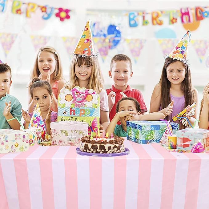 Kesfey 3 Packs Pink and White Horizontal Striped Table Cloth 54 x 108 Inches Pink Stripe Tablecloths Disposable Plastic Stripe Table Covers Waterproof Rectangle Picnic Tablecover for Birthday Party