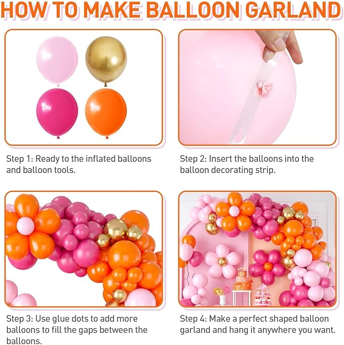 Pink Orange Balloon Garland, Daisy Balloon Arch with Metallic Gold Party Flower Balloons For Birthday Baby Shower Wedding Groovy Theme Decorations