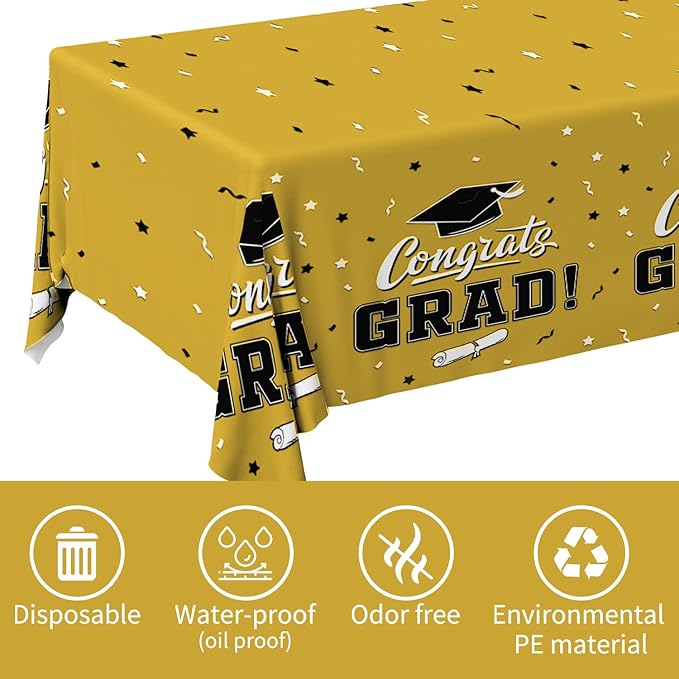 Gatherfun Graduation Tablecloths Graduation Party Table Decorations Waterproof Plastic Rectangular Disposable Table Cover for Congrats Grad Party Supplies 3PCS 54x108 Inch, Gold