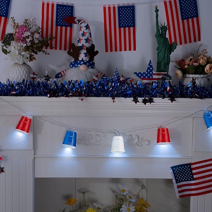 Hiboom 1 Pack Red White and Blue Cups Light, Shot Cups Fairy String Lights Battery Operated LED for 4th of July Independence Day Patriotic Decor Memorial Day Bar Graduation RV Party (13Ft)