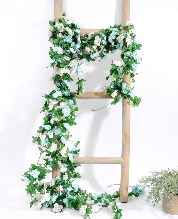Miracliy 8Pcs 66FT Blue Flower Garland, Artificial Rose Floral Vines Fake Hanging Spring Flower Garland for Wall Backdrop Wedding Arch Tea Party Door Mantle Decoration (Each Pcs 8.2FT)