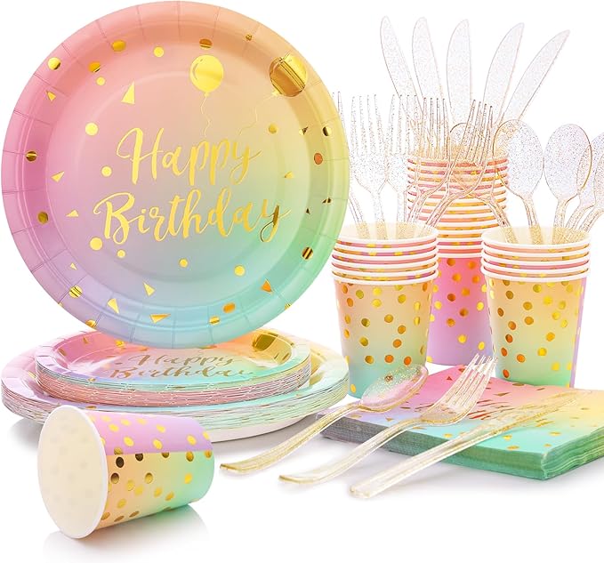 175PCS Pastel Birthday Decorations,Birthday Plates and Napkins Party Supplies,Disposable Rainbow Birthday Plates,Pastel Paper Plates for Girl Women Birthday Party Decorations,Serves 25 Guests