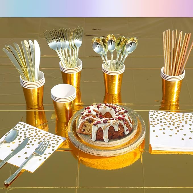 201-piece disposable party tableware set with paper plates, cups, napkins, straws, tablecloths, plastic knives, forks and spoons for a variety of party occasions for up to 25 people (Golden Star)