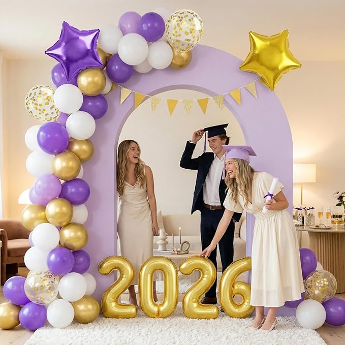 Purple Gold White Balloons Arch Kit, Purple White Balloons with Star Balloon Pennant Flag Bunting 2026 Foil Balloon Banner, Gold Confetti Balloon Garland for Class of 2026 Graduation Theme Party