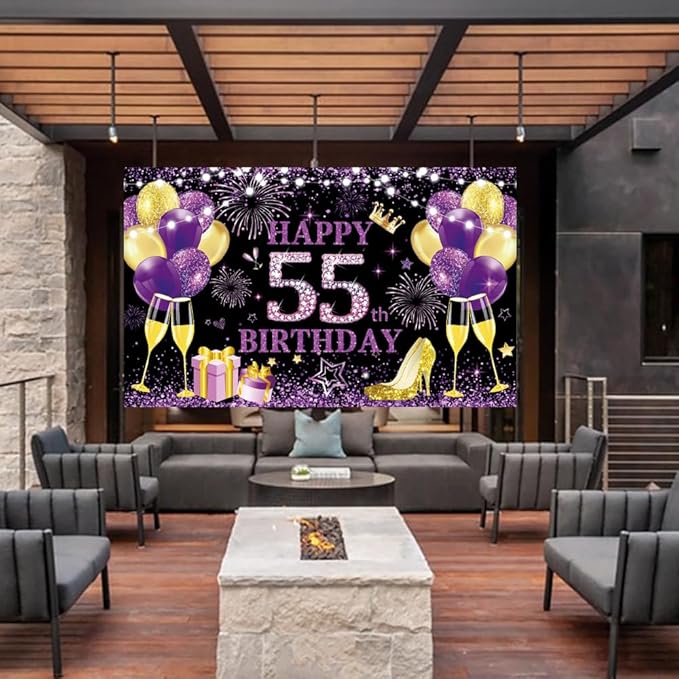 Happy Birthday Backdrop Banner 55th Women Birthday Decoration Supplies Anniversary Party Photo Photography Background Flash Purple Gold Black Birthday Banner Background Poster