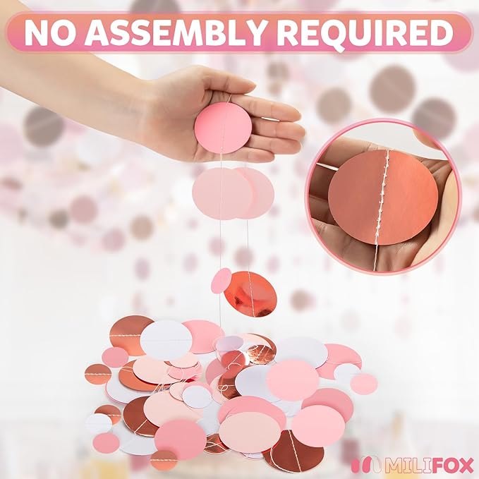 52FT Party Garlands, Paper Garland Circle Dots, Hanging Circle Banner Decorations for Birthday, Party, Wedding, Baby Shower, Graduations, Christmas, Wall Decor (Pink Rose Gold Garlands)