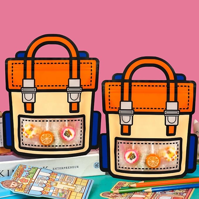 30 Pack Cartoon Backpack Goodie Bags with Handle Small Plastic Ziplock Seal Bags Smell Proof Resealable Packaging Storage Candy Bag Party Favor Birthday Gift Bags(Orange)