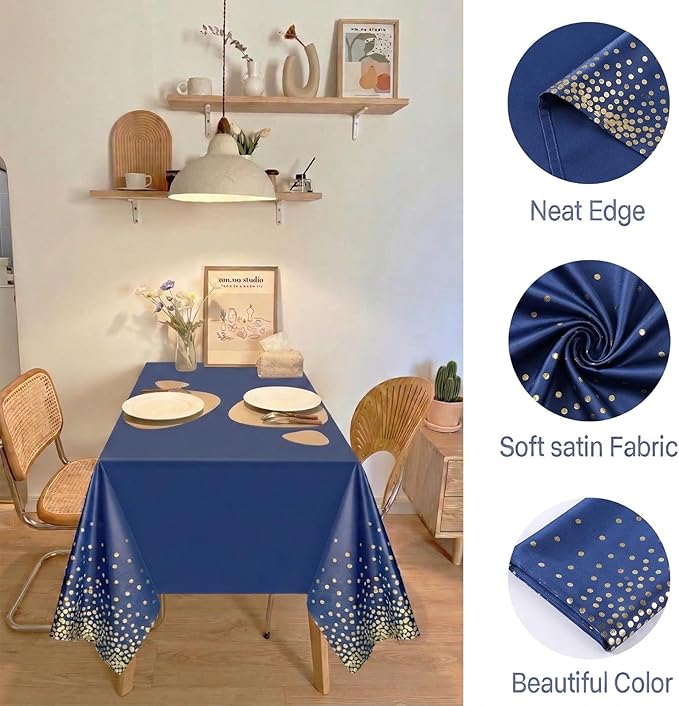 4 Pieces Navy Blue Rectangular Tablecloths Plastic，Plastic Table Cloth Disposable Blue and Gold, for Covers Anniversary, Wedding, Fine Dining, Graduation Party Decoration,