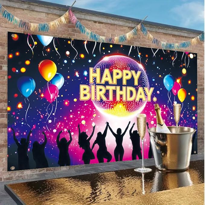 Happy Birthday Porch Banner 71x43 Inch, Large Disco Party Backdrop with Neon Lights Balloons and Dance Crowd, Birthday Decorations for Indoor Outdoor Yard Patio Wall Hanging