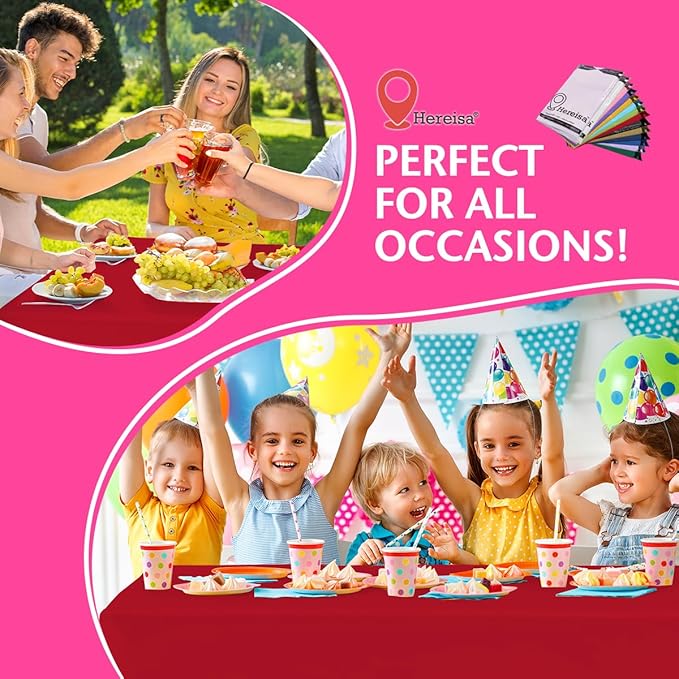 Disposable Plastic Tablecloth Red 54x108 Inch, 5-Pack Waterproof Rectangular Table Cover for Parties, Picnics, Dining Protection