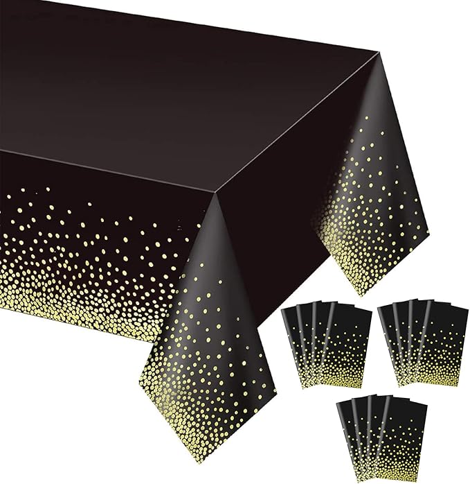 Gexolenu 12 Pack Black and Gold Disposable Plastic Tablecloth for Rectangle Tables(54" x 108"), Disposable Waterproof Party Table Cover for Birthday, Graduation, Gold Table Cloths Party Supplies