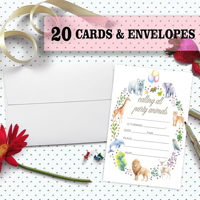 Jungle Safari Birthday Party Invitation Cards For Girls Boys Kids, Calling All Animals Birthday Party Supplies Favors, 20 Fill-In Invitation Cards with Envelopes -29