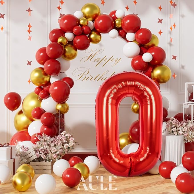 AULE 40 Inch Big Red 0 Balloon Number Large Foil Helium Number Balloons 0-9 Jumbo Giant Happy 0th Birthday Party Decorations for Boy or Girl Huge Mylar Anniversary Party Supplies