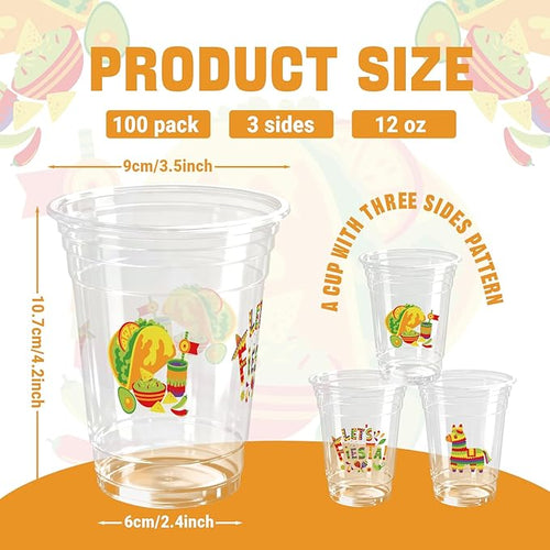 100 Pack Fiesta Plastic Cups 12 oz Mexican Cinco De Mayo Disposable Cups Mexican Party Favor Drinking Beverage Cup for Taco Birthday Hispanic Heritage Month Party Supplies